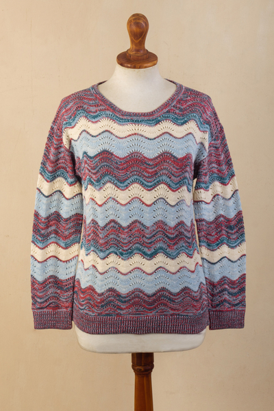 Cotton pullover sweater, 'colour Waves' - Pointelle Knit Cotton Sweater