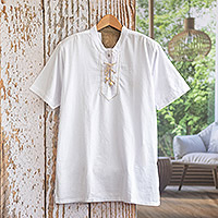 Camisa de algodón para hombre - Camisa Casual de Hombre en Algodón Blanco Estilo Bohemio Hecho en Perú