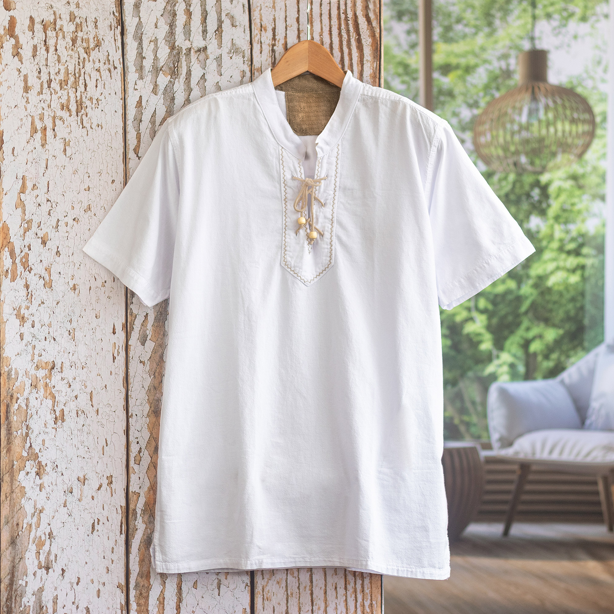 Men's Casual White Cotton Shirt Bohemian Style Made in Peru - Summer