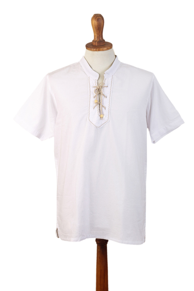 Baumwollhemd für Herren - Lässiges weißes Baumwollhemd für Herren im Bohemian-Stil, hergestellt in Peru