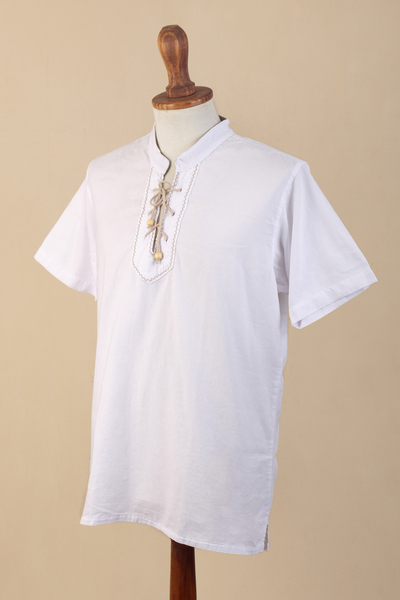 Baumwollhemd für Herren - Lässiges weißes Baumwollhemd für Herren im Bohemian-Stil, hergestellt in Peru