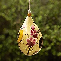 Casa de pájaros de calabaza mate seca, 'Sunlight Garden' - Lugar de anidación de pájaros de calabaza seca con flores de jardín