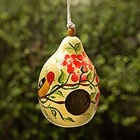 Dried mate gourd birdhouse, 'Antique Courtyard' - Dried Mate Gourd Birdhouse with Bird on a Flowering Tree