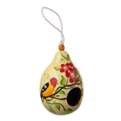 Dried mate gourd birdhouse, 'Antique Courtyard' - Dried Mate Gourd Birdhouse with Bird on a Flowering Tree