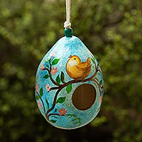 Casita para aves de calabaza mate seca, 'Daybreak Courtyard' - Casita para aves de calabaza seca azul con pájaro en un árbol en flor