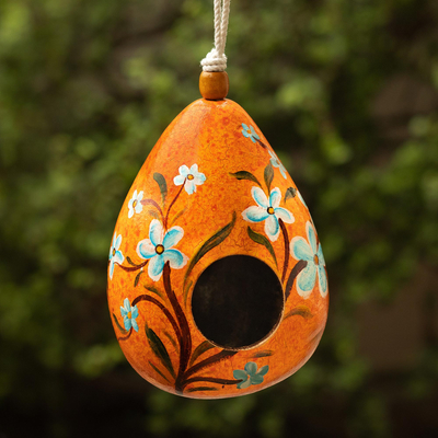 Vogelhaus aus getrocknetem Mate-Kürbis, 'Orange Floral Refuge'. - Handbemaltes orangefarbenes Vogelhaus aus getrocknetem Mate aus Peru