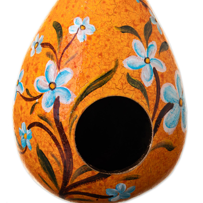 Pajarera de calabaza mate seca, 'Refugio Floral Naranja' - Pajarera de calabaza mate seca naranja pintada a mano de Perú