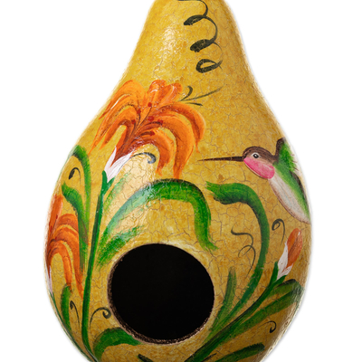 Dried mate gourd birdhouse, 'Hummingbird Condo' - Peruvian Hand Painted Yellow Dried Mate Gourd Birdhouse