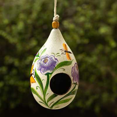 Dried mate gourd birdhouse, 'Old-Time Garden' - Hand Painted Cut Dried Gourd Birdhouse from Peru