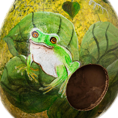 Dried mate gourd birdhouse, 'Green Frog Pond' - Hand Painted Bluebird Motif Dried Gourd Birdhouse from Peru