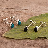 Chrysocolla and onyx stud earrings, 'Peruvian Treasures' (2 pairs) - Chrysocolla and Black Onyx Stud Earrings (Two Pairs)