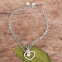Tobillera de perlas cultivadas, 'River Romance' - Tobillera de doble cadena con colgante de perla en forma de corazón