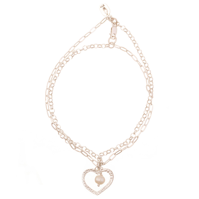 Tobillera de perlas cultivadas - Tobillera de doble cadena con colgante de perla en forma de corazón