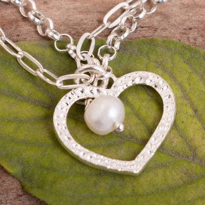 Cultured pearl anklet, 'River Romance' - Double-chained Anklet with Heart Shaped Pearl Pendant