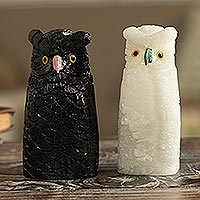 Onyx sculptures, 'Wise Owl Grandparents' (pair) - 5-Inch Black and White Onyx Owl Figurines (Pair)