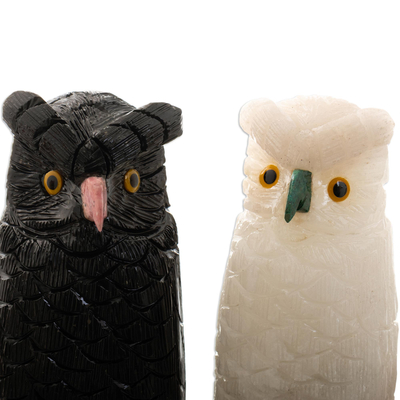 Onyx sculptures, 'Wise Owl Grandparents' (pair) - 5-Inch Black and White Onyx Owl Figurines (Pair)