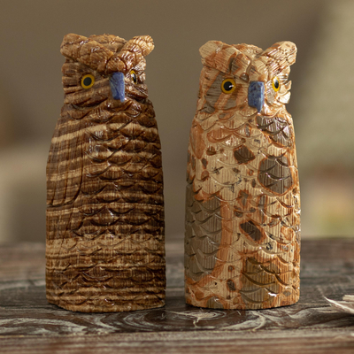 Aragonite and leopardite sculptures, Brown Owl Wisdom (pair)