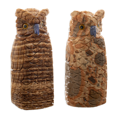 Aragonite and leopardite sculptures, 'Brown Owl Wisdom' (pair) - Petite Brown Aragonite Owl Figures from Peru (Pair)