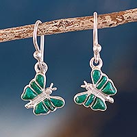 Chrysocolla dangle earrings, 'Teal Butterfly' - Butterfly-Themed Silver Earrings with Chrysocolla Accents