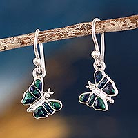 Azure-malachite dangle earrings, 'Meadow Butterfly' - 950 Silver Butterfly Earrings with Azure-Malachite