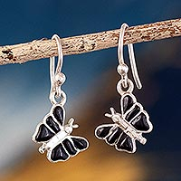 Onyx dangle earrings, 'Jet Black Butterfly' - Butterfly-Themed 950 Silver Earrings with Black Onyx