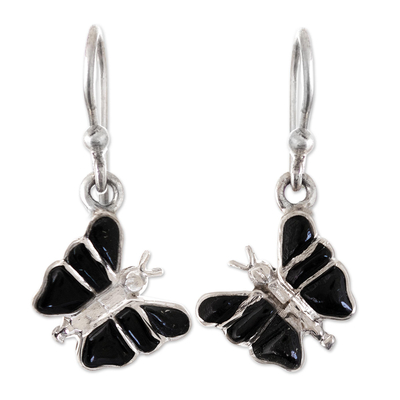 Butterfly-Themed 950 Silver Earrings with Black Onyx