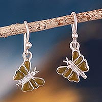 Serpentine dangle earrings, 'Yellow Green Butterfly' - 950 Silver Earrings with Yellow Green Serpentine Butterflies