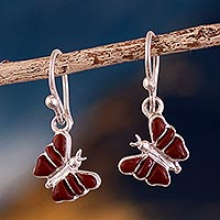 Jasper dangle earrings, 'Vermilion Butterfly' - Butterfly-Themed 950 Silver Earrings with Jasper