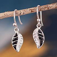 Onyx dangle earrings, 'Come to Life' - Fine Silver and Onyx Leaf Dangle Earrings with Hooks