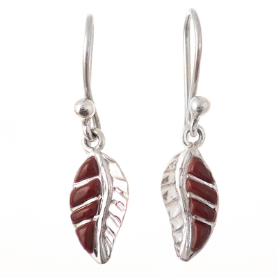 Fine Silver and Jasper Leaf Dangle Earrings with Hooks