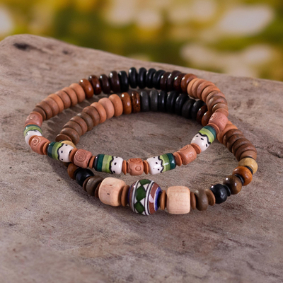 Ceramic beaded stretch bracelets, 'Forest Stroll' (pair) - Ceramic Beaded Bracelets in Earthtone Colors (Pair)