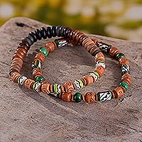 Ceramic beaded stretch bracelets, 'Rain Forest Stroll' (pair) - Ceramic Beaded Stretch Bracelets in Greens and Browns (Pair)