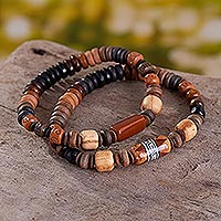 Ceramic beaded stretch bracelets, 'Mountain Tour' (pair) - Brown Inca Inspired Ceramic Beaded Bracelets  (Pair)