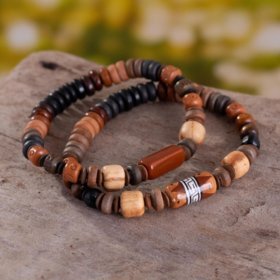 Stretch-Armbänder aus Keramikperlen, (Paar) - Braune Inka-inspirierte Keramikperlenarmbänder (Paar)