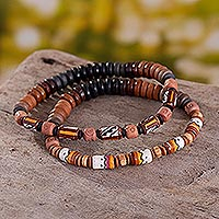 Ceramic beaded stretch bracelets, 'Inca Steps' (pair)
