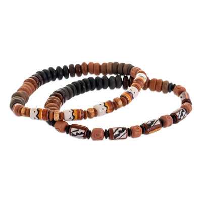 Ceramic beaded stretch bracelets, 'Inca Steps' (pair) - Inca-Inspired Hand Painted Ceramic Beaded Bracelets (Pair)