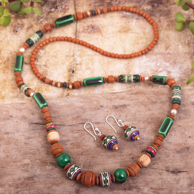 Conjunto de joyas con cuentas de cerámica - Juego de collar y aretes con cuentas de cerámica en colores tierra