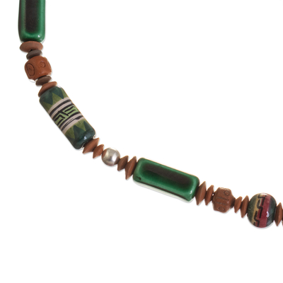 Ceramic beaded jewellery set, 'Green Mountains' - Ceramic Beaded Necklace and Earring Set in Earth colours