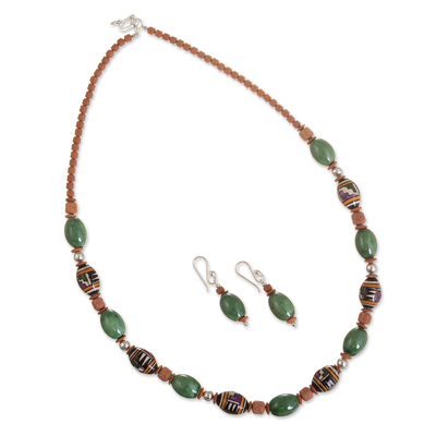 Ceramic beaded jewelry set, 'Sacred Leaves' - Ceramic Beaded Necklace and Earring Set from Peru