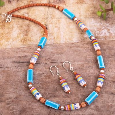 Schmuckset aus Keramikperlen - Blaue Keramikperlen-Halskette und Ohrringe-Set aus Peru