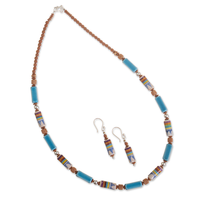 Ceramic bead jewellery set, 'Sky over Cusco' - Blue Ceramic Bead Necklace and Earring Set from Peru