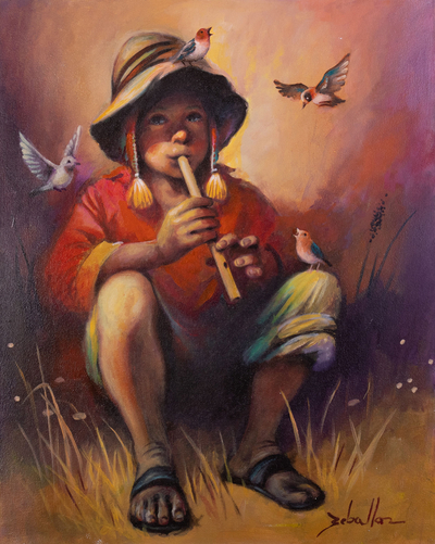 Luminous Oil Painting of an Andean Boy Playing the Quena