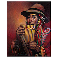 'Cusco Musician Interpreting Andean Melodies' - Andean Zampoña Musician' Portrait in Oils