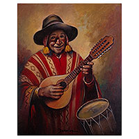 'Elder Cusco Man Playing Huayno Music on his Mandolin' - Aged Musician Andean Painting in Oils on Canvas