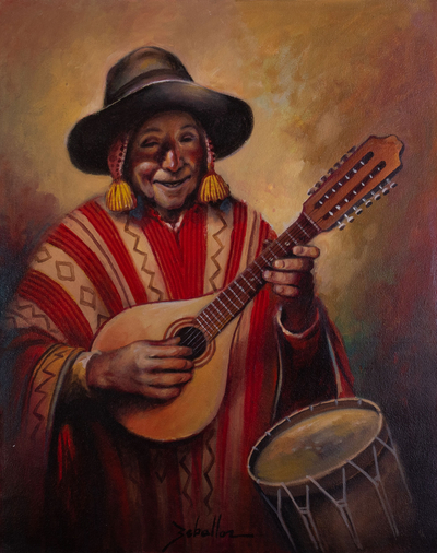 Aged Musician Andean Painting in Oils on Canvas