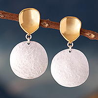 Gold accented dangle earrings, 'Halos' - Double Disk Sterling Silver and Gold Dangle Earrings