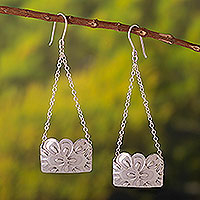 Sterling silver dangle earrings, 'Posy Pocket' - Flower Themed Sterling Silver Dangle Earrings from Peru