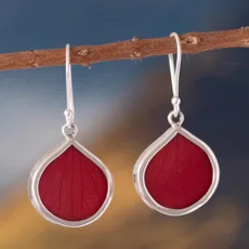 Sterling Silver and Red Leaf Dangle Earrings from Peru, 'Red Hydrangea'