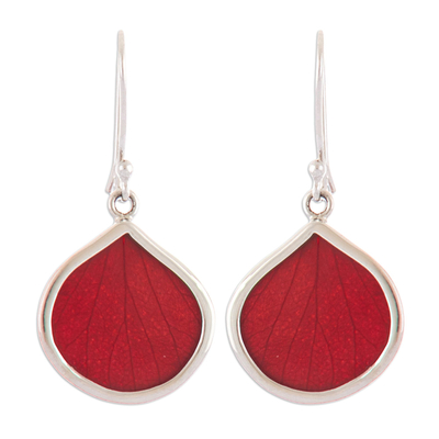 Sterling silver dangle earrings, 'Red Hydrangea' - Sterling Silver and Red Leaf Dangle Earrings from Peru