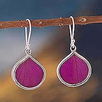 Sterling silver dangle earrings, 'Fuchsia Hydrangea' - Sterling Silver and Fuchsia Leaf Dangle Earrings from Peru